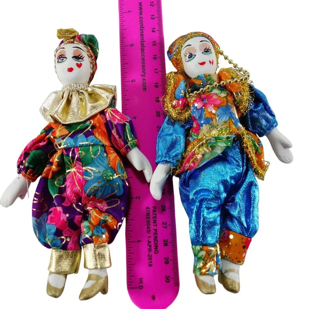 Porcelain and Fabric Small Collectible Harlequin Jester Doll Figures Set‎ of 2
